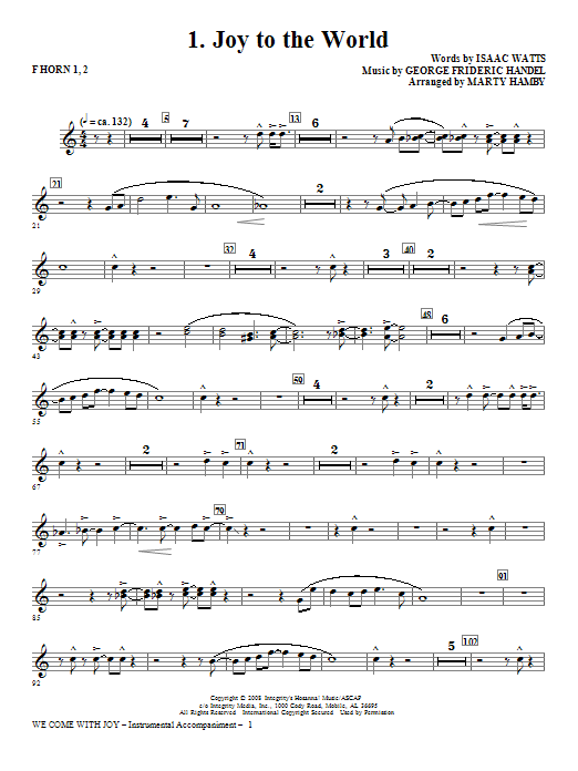 Download Marty Hamby We Come With Joy Orchestration - Horn 1 & 2 Sheet Music and learn how to play Choir Instrumental Pak PDF digital score in minutes