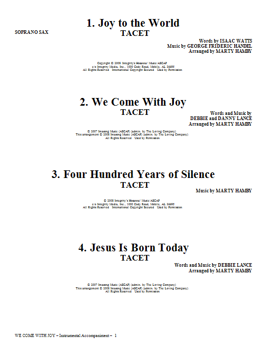 Download Marty Hamby We Come With Joy Orchestration - Soprano Sax Sheet Music and learn how to play Choir Instrumental Pak PDF digital score in minutes