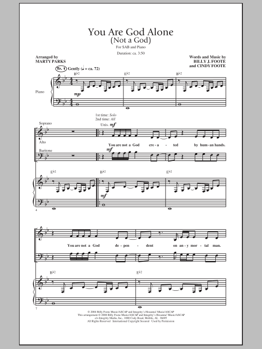 Download Marty Parks You Are God Alone (Not A God) Sheet Music and learn how to play SAB Choir PDF digital score in minutes