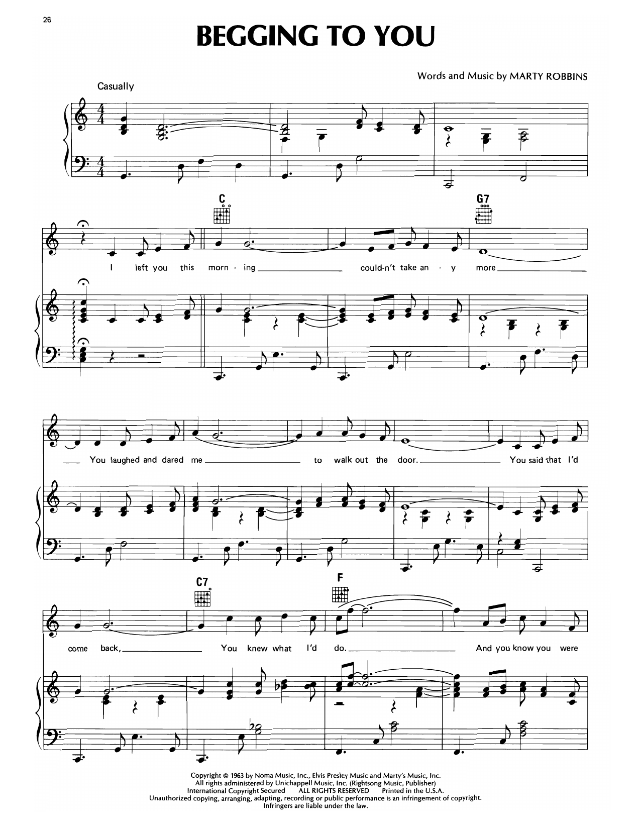 Download Marty Robbins Begging To You Sheet Music and learn how to play Piano, Vocal & Guitar Chords (Right-Hand Melody) PDF digital score in minutes