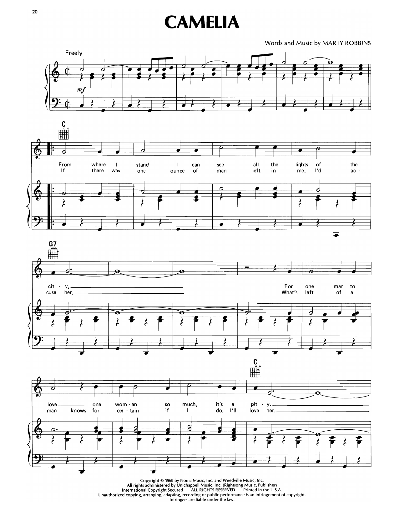 Download Marty Robbins Camelia Sheet Music and learn how to play Piano, Vocal & Guitar Chords (Right-Hand Melody) PDF digital score in minutes