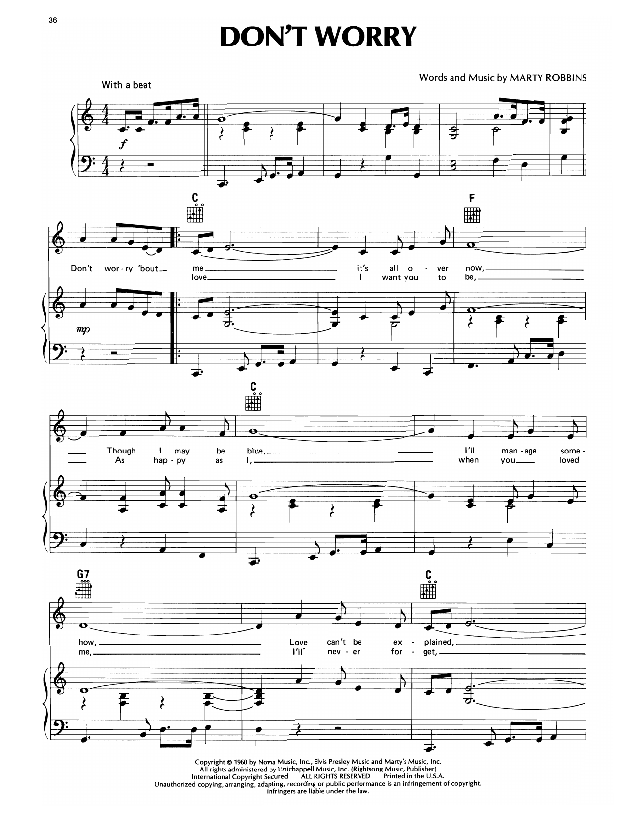 Download Marty Robbins Don't Worry Sheet Music and learn how to play Piano, Vocal & Guitar Chords (Right-Hand Melody) PDF digital score in minutes