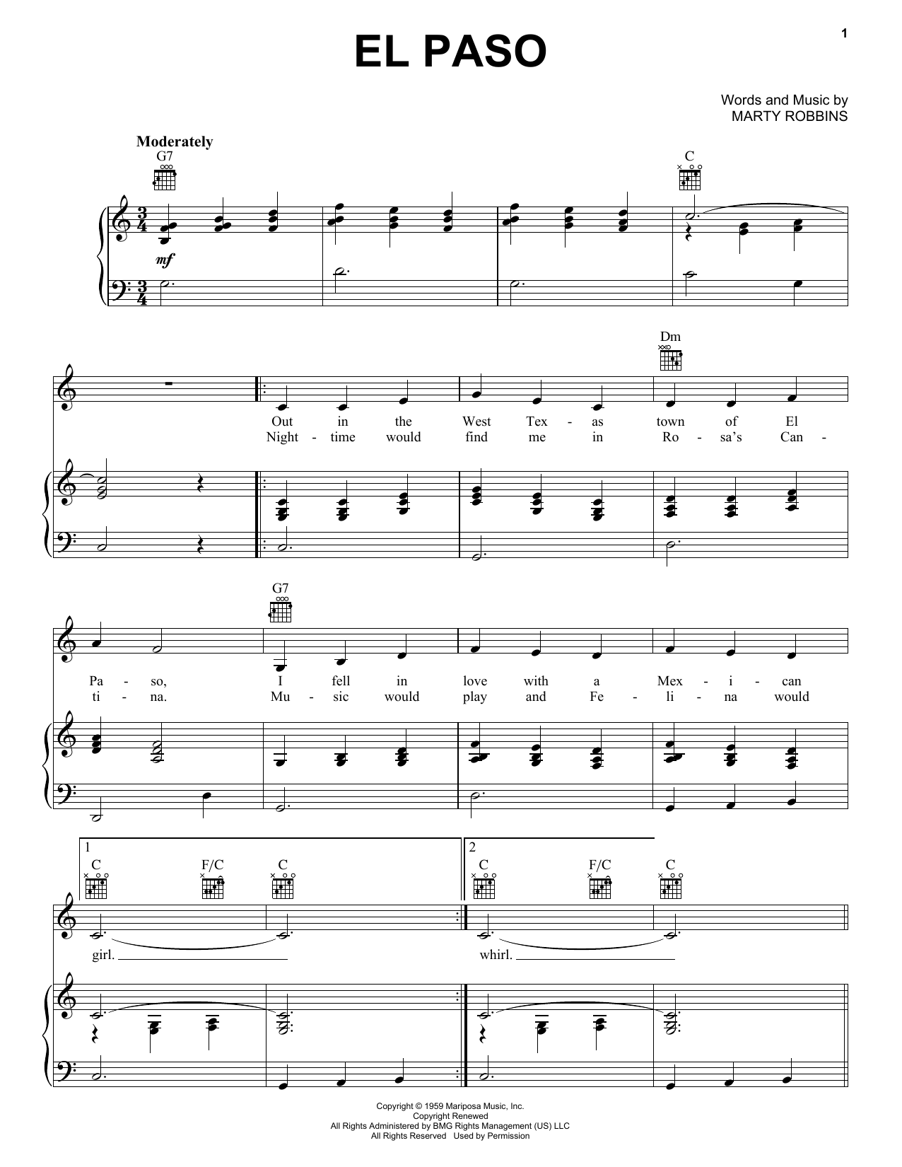 Download Marty Robbins El Paso Sheet Music and learn how to play Lyrics & Piano Chords PDF digital score in minutes