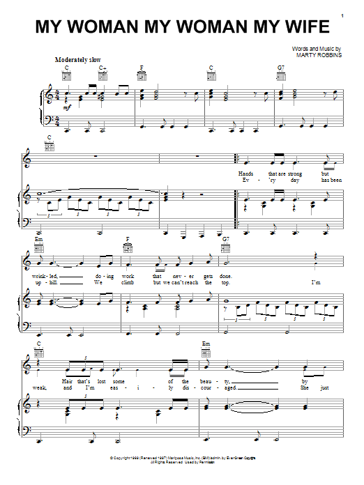 Download Marty Robbins My Woman My Woman My Wife Sheet Music and learn how to play Piano, Vocal & Guitar (Right-Hand Melody) PDF digital score in minutes