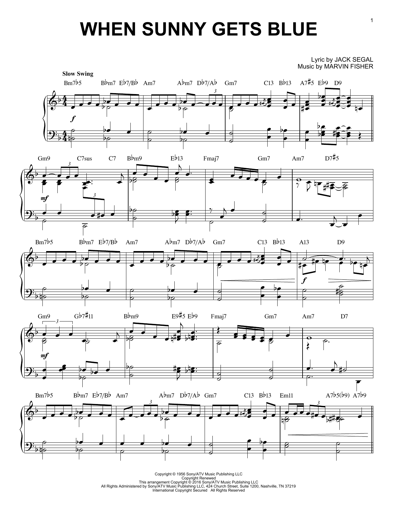 Download Marvin Fisher When Sunny Gets Blue Sheet Music and learn how to play Piano PDF digital score in minutes