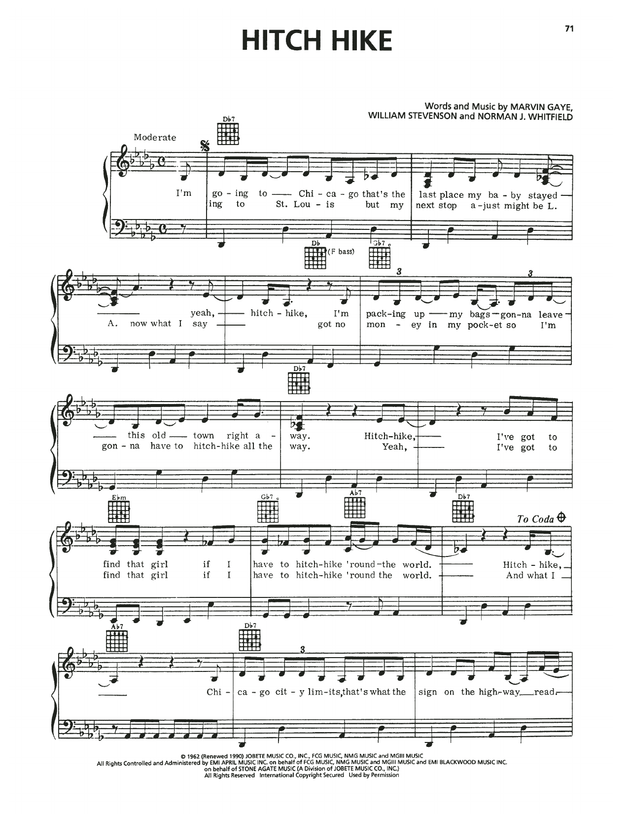 Download Marvin Gaye Hitch Hike Sheet Music and learn how to play Piano, Vocal & Guitar Chords (Right-Hand Melody) PDF digital score in minutes