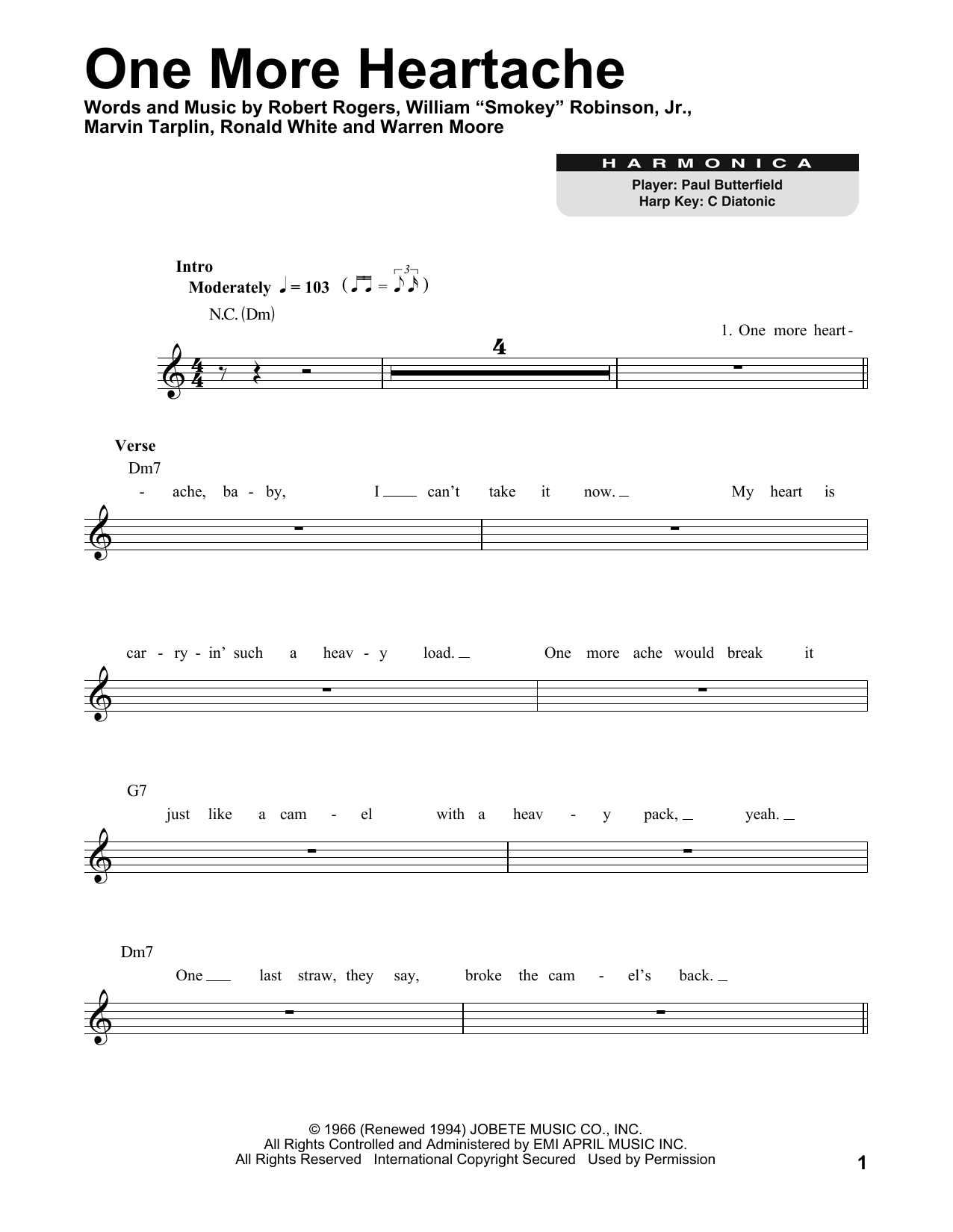 Download Marvin Gaye One More Heartache Sheet Music and learn how to play Harmonica PDF digital score in minutes