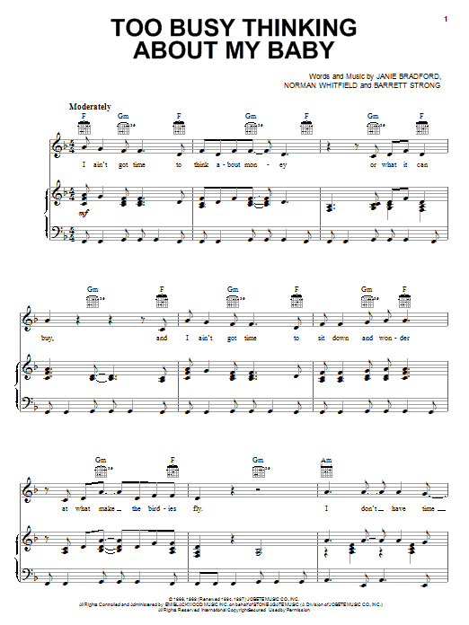Download Marvin Gaye Too Busy Thinking About My Baby Sheet Music and learn how to play Piano, Vocal & Guitar (Right-Hand Melody) PDF digital score in minutes