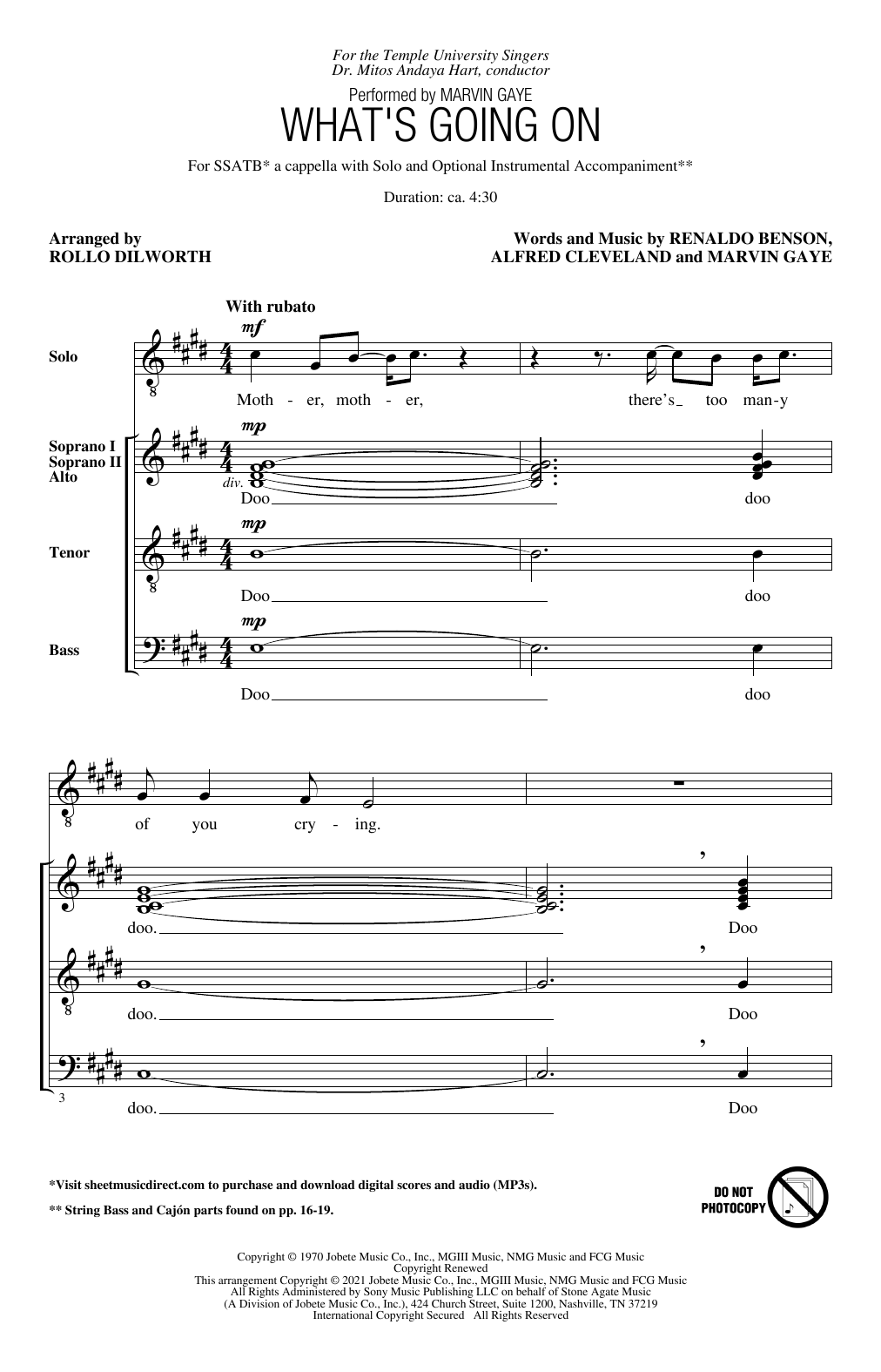 Download Marvin Gaye What's Going On (arr. Rollo Dilworth) Sheet Music and learn how to play SATB Choir PDF digital score in minutes