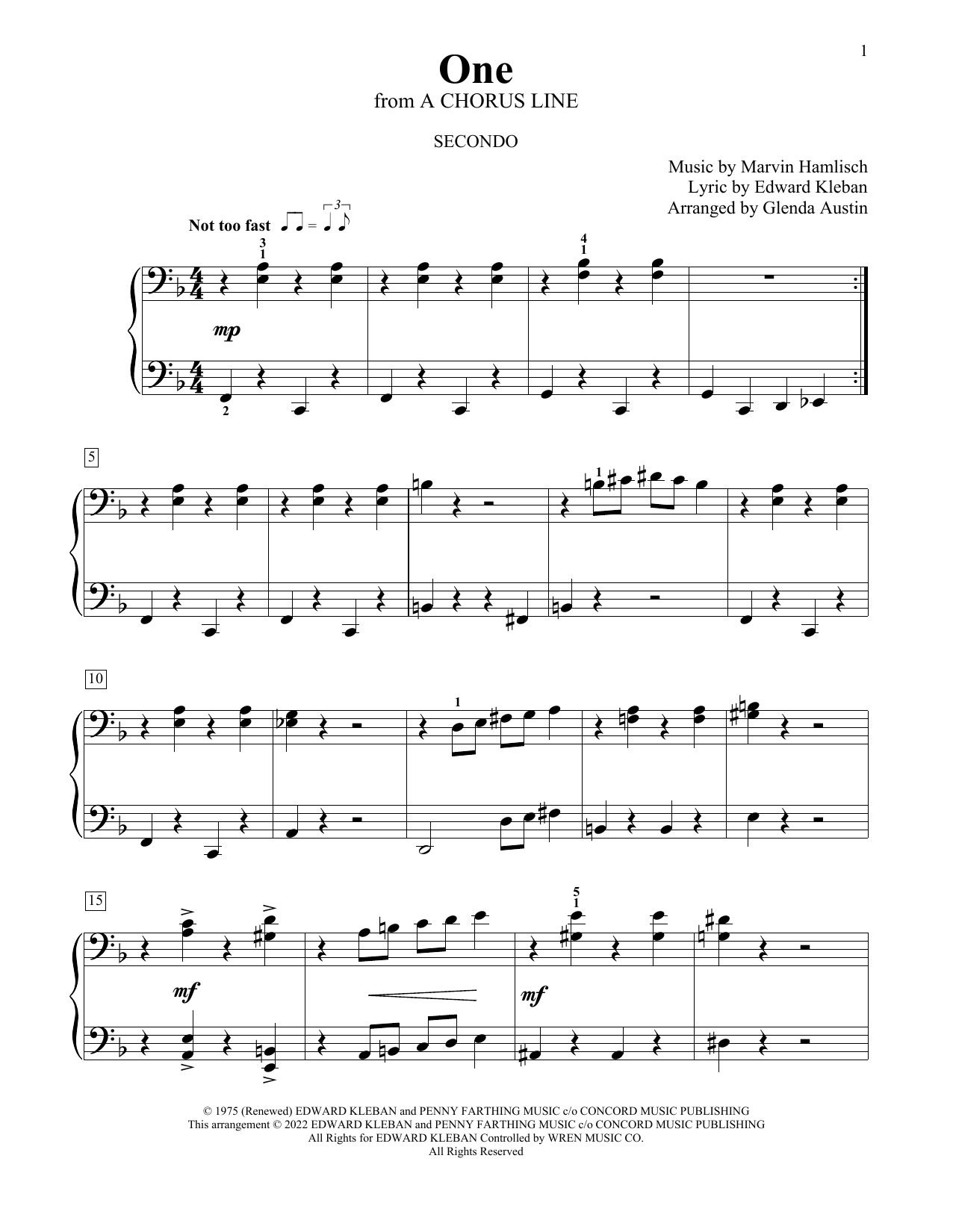 Download Marvin Hamlisch and Edward Kleban One (from A Chorus Line) (arr. Glenda Austin) Sheet Music and learn how to play Piano Duet PDF digital score in minutes