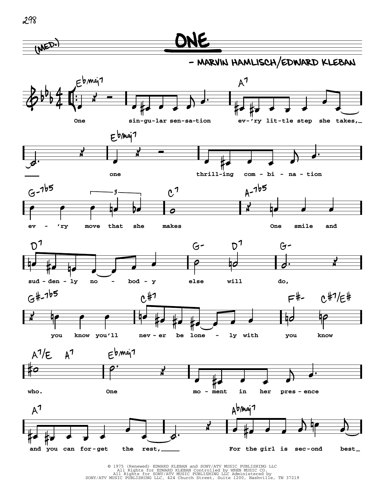 Download Marvin Hamlisch One (High Voice) (from A Chorus Line) Sheet Music and learn how to play Real Book – Melody, Lyrics & Chords PDF digital score in minutes