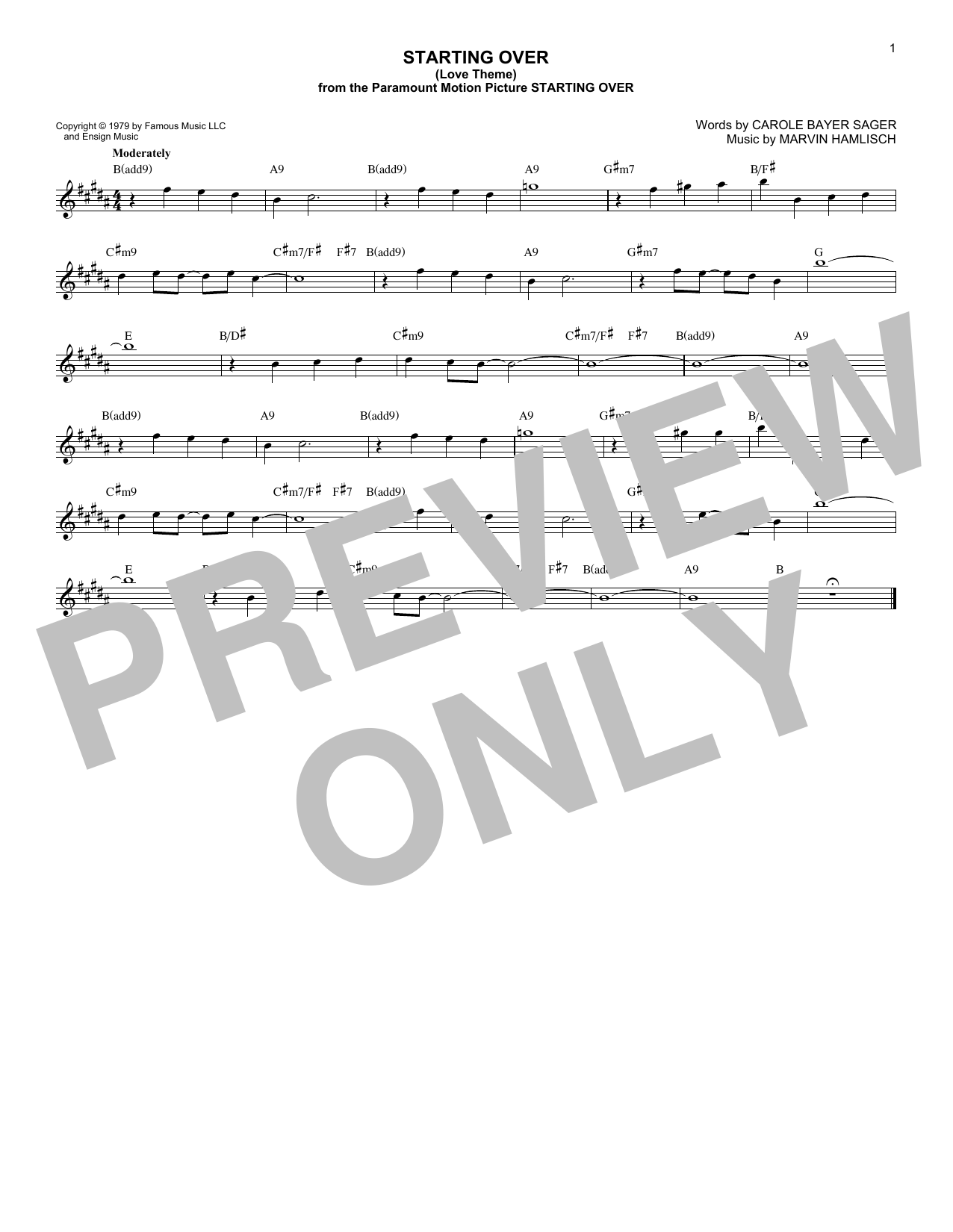 Download Marvin Hamlisch Starting Over (Love Theme) Sheet Music and learn how to play Melody Line, Lyrics & Chords PDF digital score in minutes