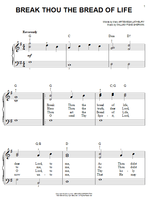 Download William F. Sherwin Break Thou The Bread Of Life Sheet Music and learn how to play Easy Piano PDF digital score in minutes