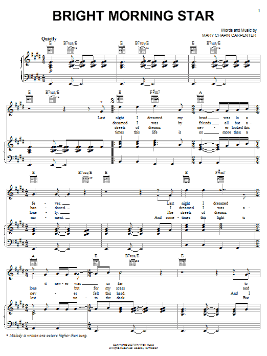 Download Mary Chapin Carpenter Bright Morning Star Sheet Music and learn how to play Piano, Vocal & Guitar (Right-Hand Melody) PDF digital score in minutes