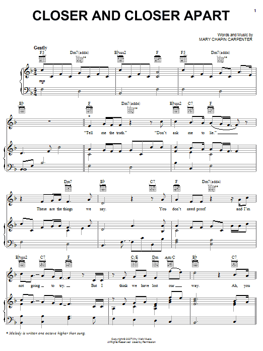 Download Mary Chapin Carpenter Closer And Closer Apart Sheet Music and learn how to play Piano, Vocal & Guitar (Right-Hand Melody) PDF digital score in minutes
