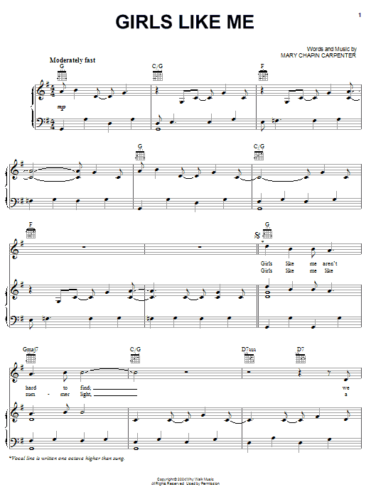 Download Mary Chapin Carpenter Girls Like Me Sheet Music and learn how to play Piano, Vocal & Guitar (Right-Hand Melody) PDF digital score in minutes