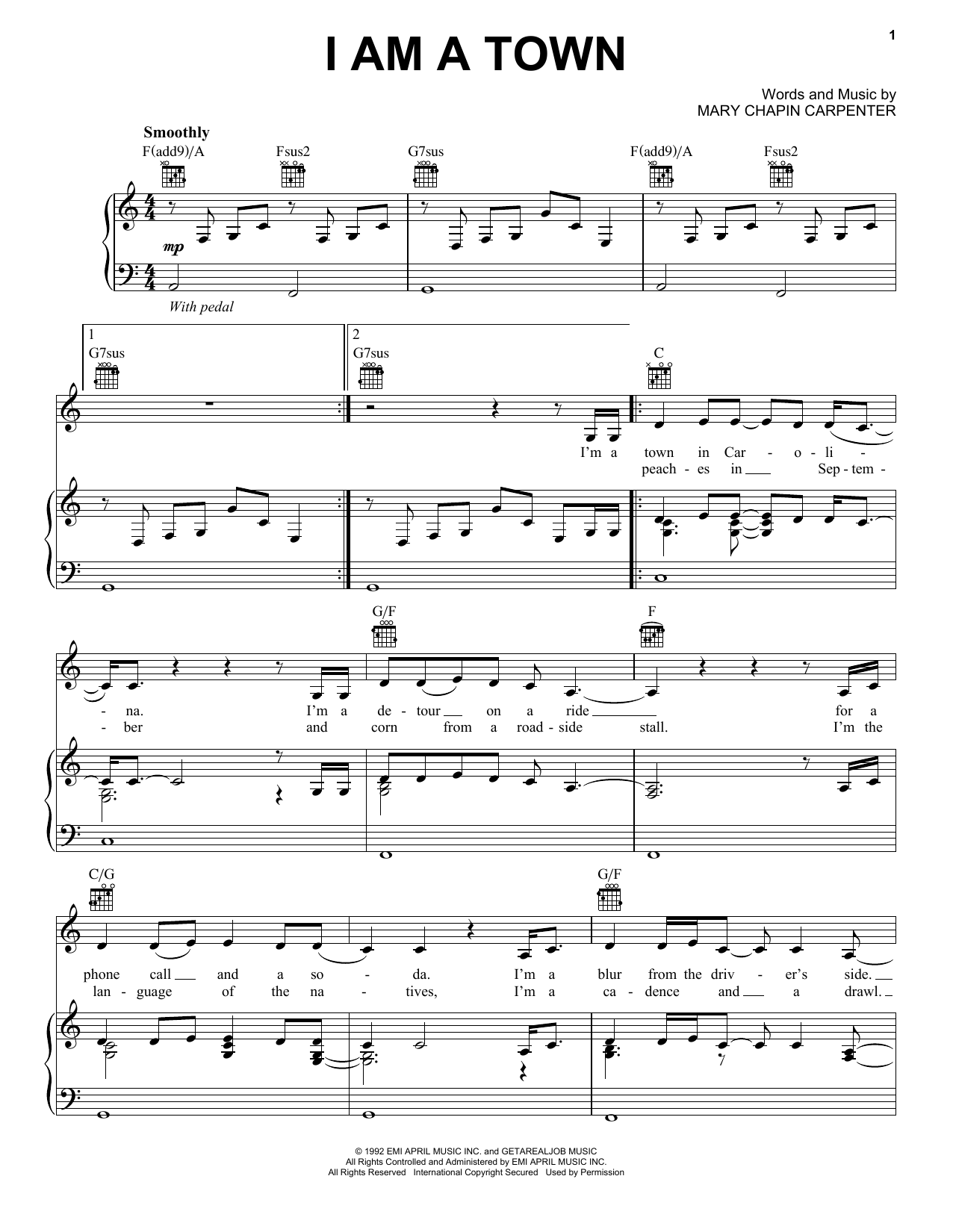 Download Mary Chapin Carpenter I Am A Town Sheet Music and learn how to play Piano, Vocal & Guitar (Right-Hand Melody) PDF digital score in minutes