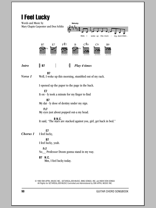 Download Mary Chapin Carpenter I Feel Lucky Sheet Music and learn how to play Melody Line, Lyrics & Chords PDF digital score in minutes