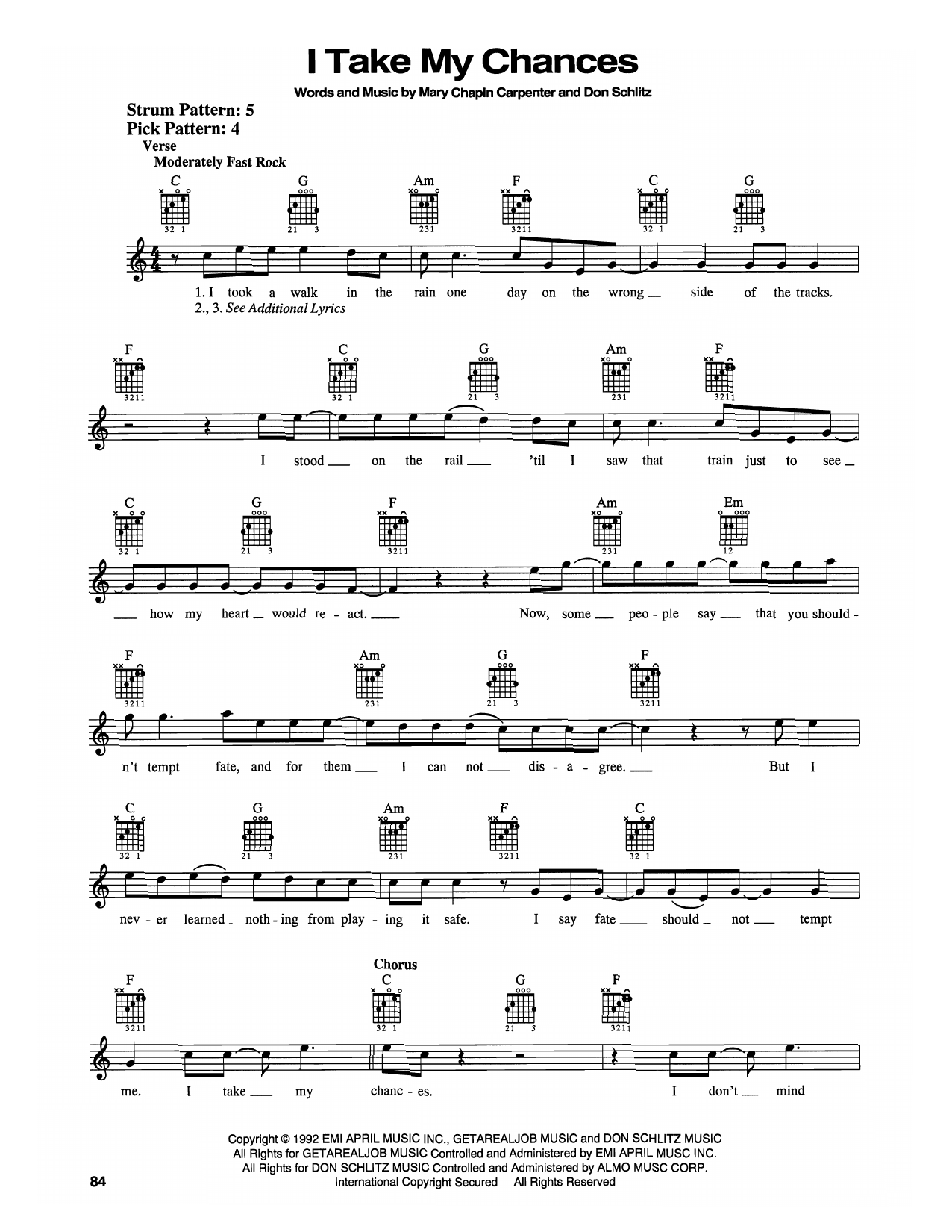 Download Mary Chapin Carpenter I Take My Chances Sheet Music and learn how to play Easy Guitar PDF digital score in minutes