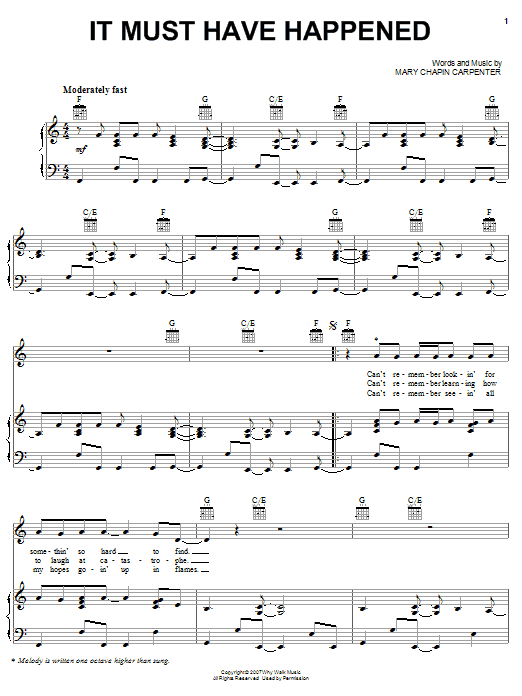 Download Mary Chapin Carpenter It Must Have Happened Sheet Music and learn how to play Piano, Vocal & Guitar (Right-Hand Melody) PDF digital score in minutes