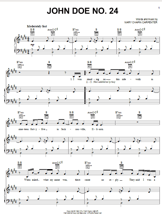 Download Mary Chapin Carpenter John Doe No. 24 Sheet Music and learn how to play Piano, Vocal & Guitar (Right-Hand Melody) PDF digital score in minutes