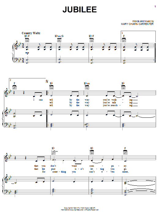 Download Mary Chapin Carpenter Jubilee Sheet Music and learn how to play Piano, Vocal & Guitar (Right-Hand Melody) PDF digital score in minutes