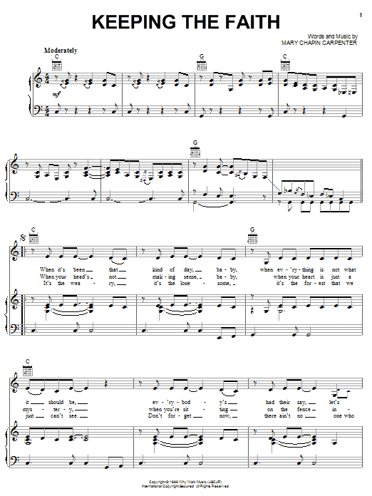 Download Mary Chapin Carpenter Keeping The Faith Sheet Music and learn how to play Piano, Vocal & Guitar (Right-Hand Melody) PDF digital score in minutes