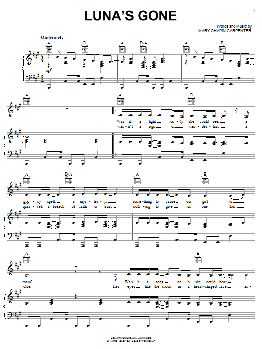 Download Mary Chapin Carpenter Luna's Gone Sheet Music and learn how to play Piano, Vocal & Guitar (Right-Hand Melody) PDF digital score in minutes