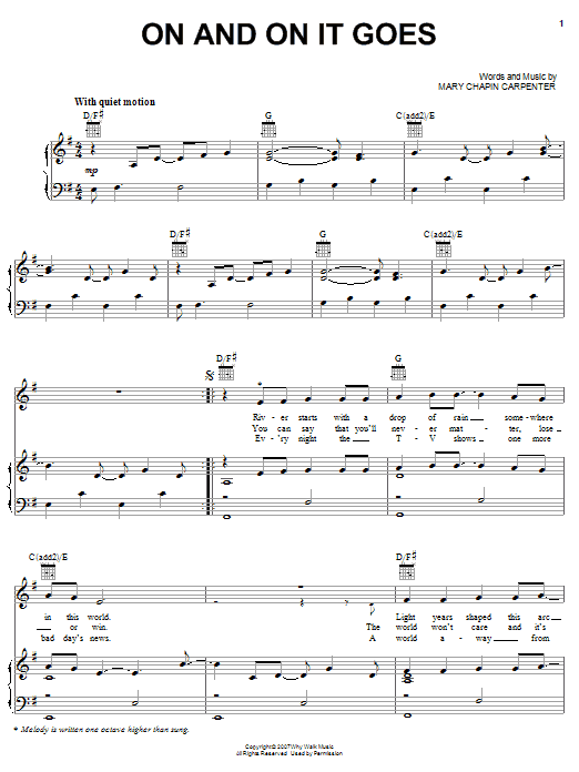 Download Mary Chapin Carpenter On And On It Goes Sheet Music and learn how to play Piano, Vocal & Guitar (Right-Hand Melody) PDF digital score in minutes