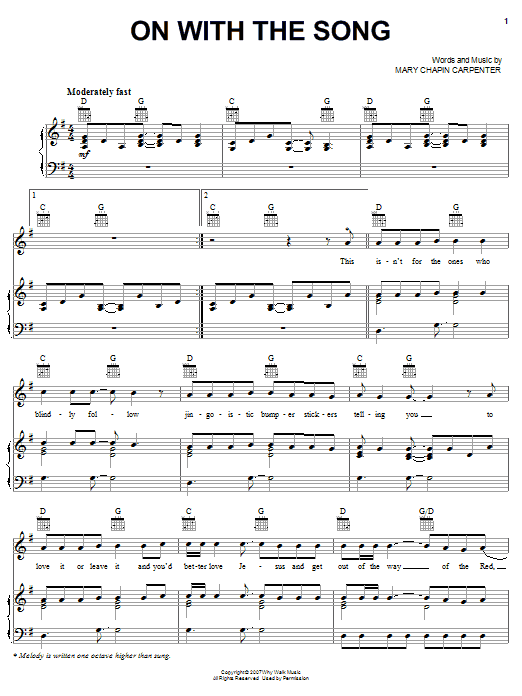 Download Mary Chapin Carpenter On With The Song Sheet Music and learn how to play Piano, Vocal & Guitar (Right-Hand Melody) PDF digital score in minutes