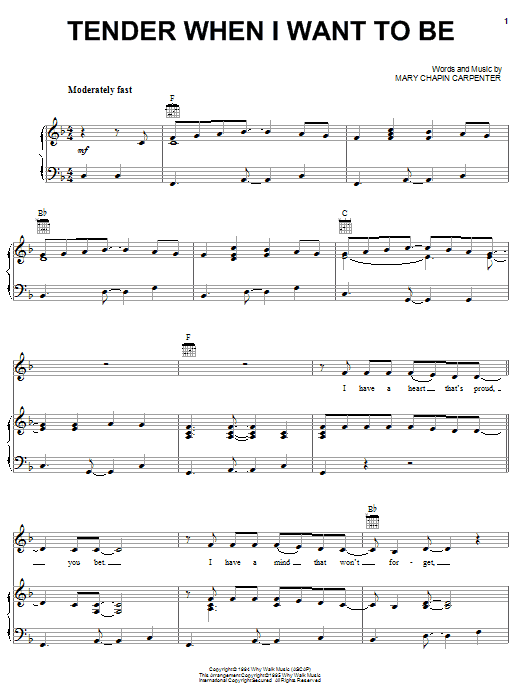 Download Mary Chapin Carpenter Tender When I Want To Be Sheet Music and learn how to play Piano, Vocal & Guitar (Right-Hand Melody) PDF digital score in minutes
