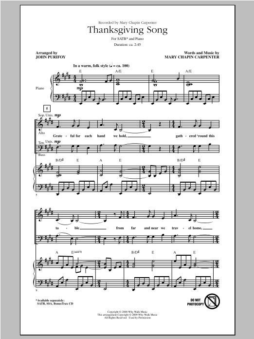 Download Mary Chapin Carpenter Thanksgiving Song (arr. John Purifoy) Sheet Music and learn how to play SATB PDF digital score in minutes