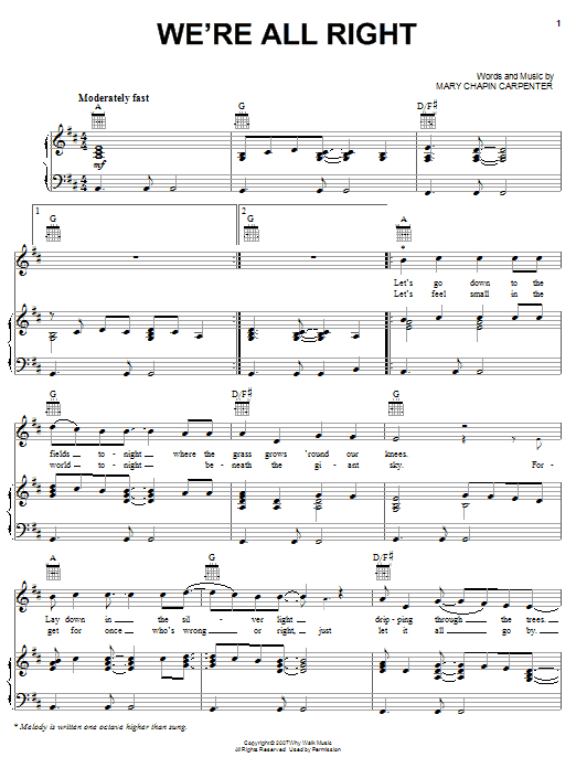 Download Mary Chapin Carpenter We're All Right Sheet Music and learn how to play Piano, Vocal & Guitar (Right-Hand Melody) PDF digital score in minutes