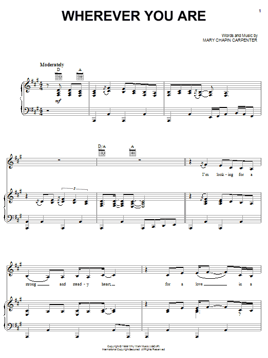 Download Mary Chapin Carpenter Wherever You Are Sheet Music and learn how to play Piano, Vocal & Guitar (Right-Hand Melody) PDF digital score in minutes
