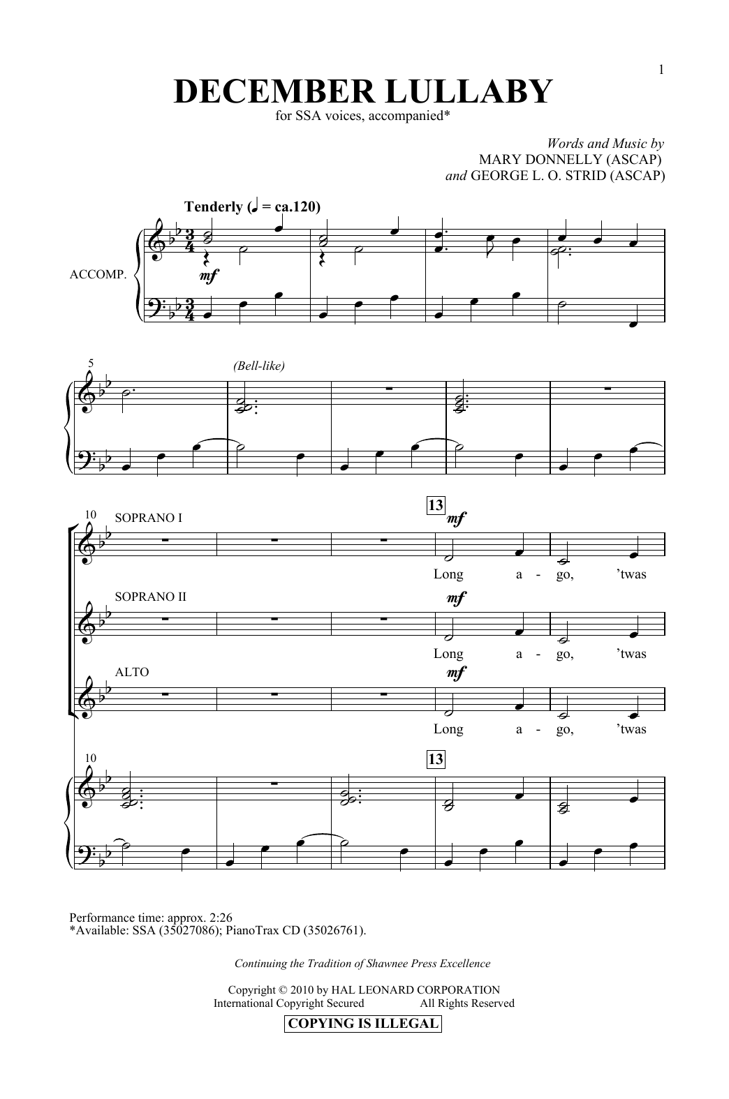 Download Mary Donnelly & George L.O. Strid December Lullaby Sheet Music and learn how to play SSA Choir PDF digital score in minutes