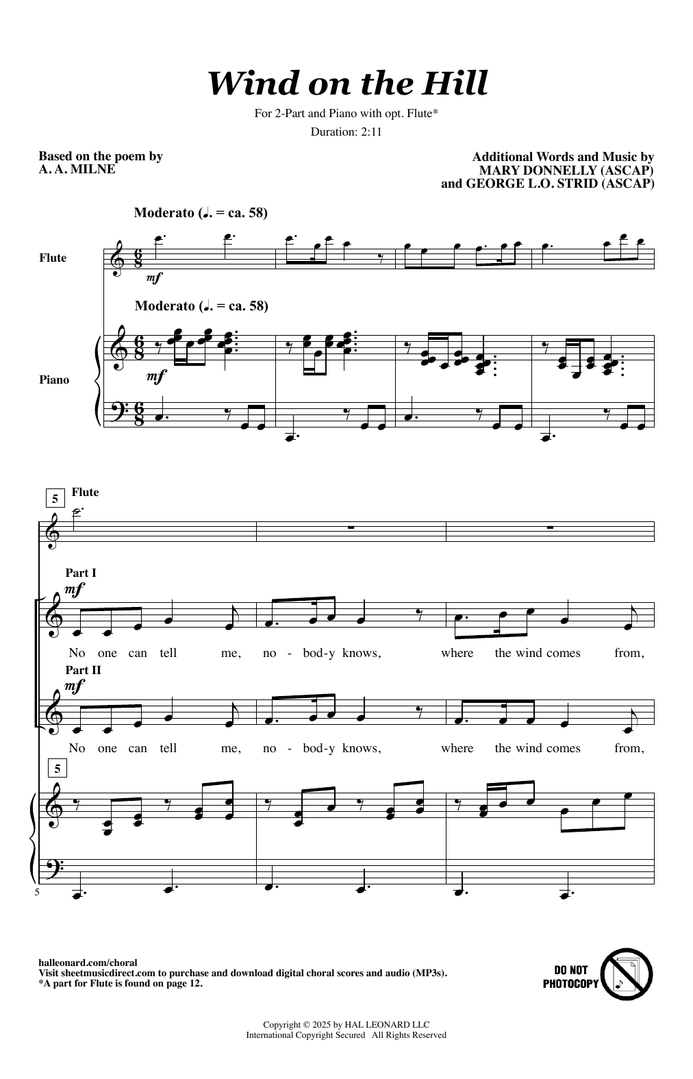 Download Mary Donnelly & George L.O. Strid Wind On The Hill Sheet Music and learn how to play 2-Part Choir PDF digital score in minutes