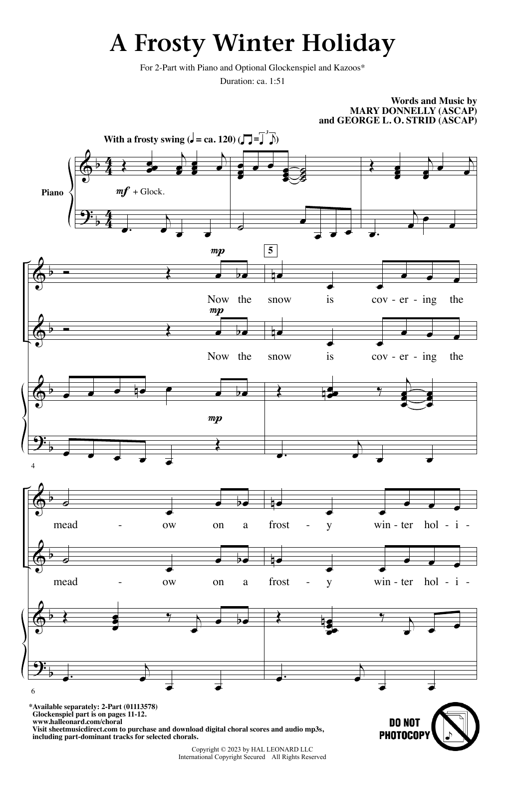 Download Mary Donnelly and George L.O. Strid A Frosty Winter Holiday Sheet Music and learn how to play 2-Part Choir PDF digital score in minutes