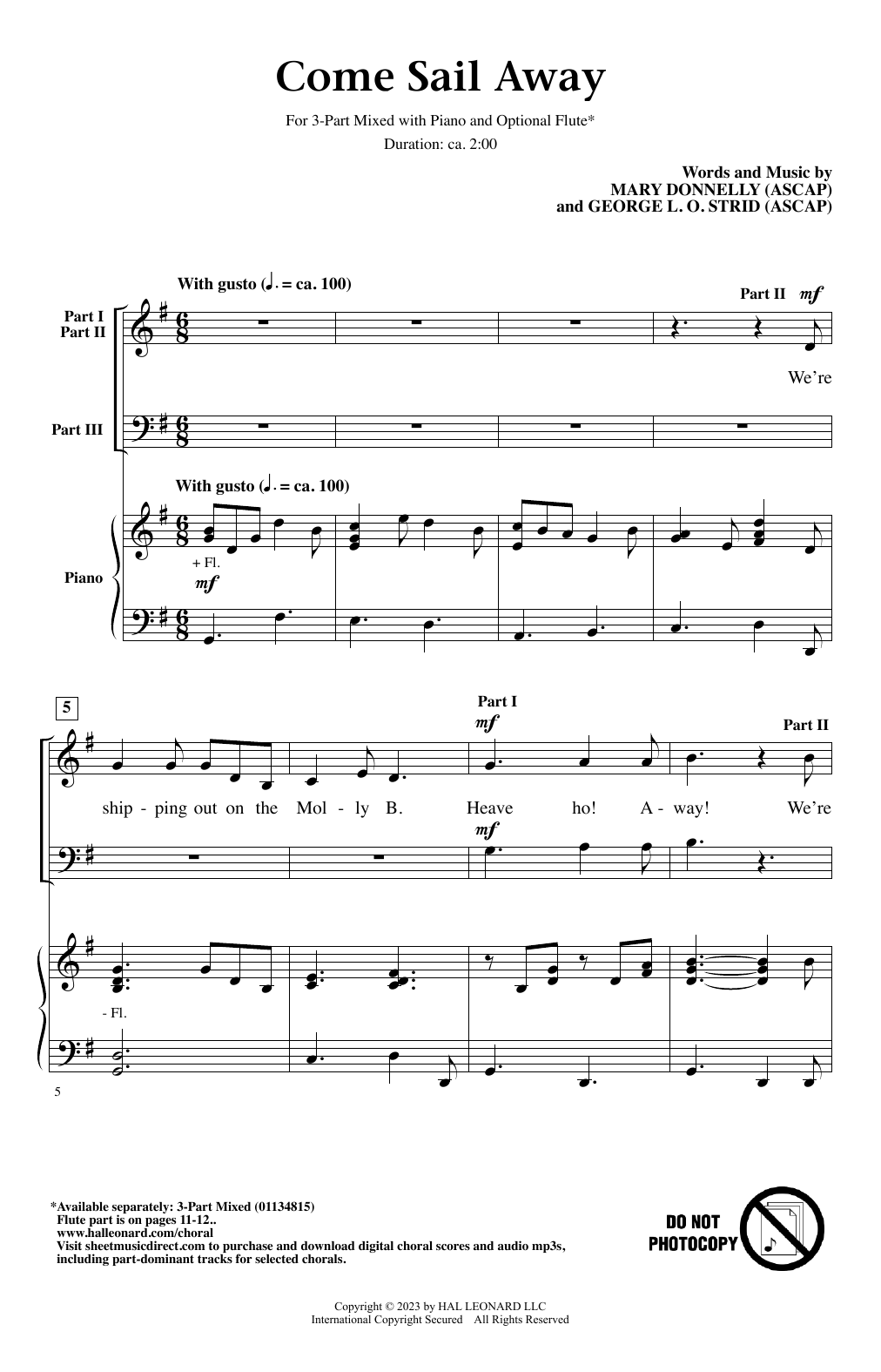 Download Mary Donnelly and George L.O. Strid Come Sail Away Sheet Music and learn how to play 3-Part Mixed Choir PDF digital score in minutes