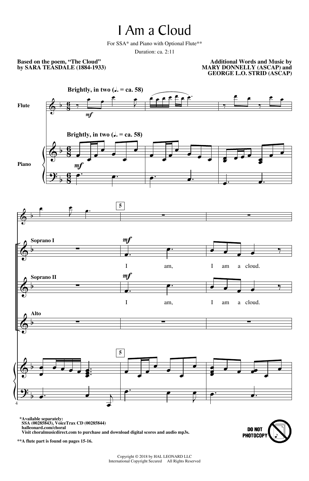 Download Mary Donnelly and George L.O. Strid I Am A Cloud Sheet Music and learn how to play SSA Choir PDF digital score in minutes