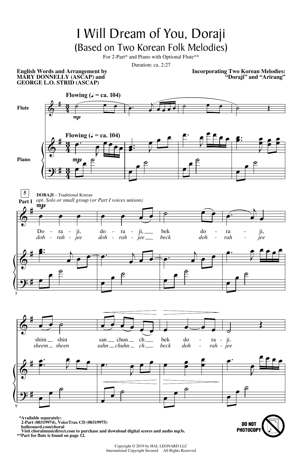 Download Mary Donnelly and George L.O. Strid I Will Dream Of You, Doraji (Based on Two Korean Folk Melodies) Sheet Music and learn how to play 2-Part Choir PDF digital score in minutes
