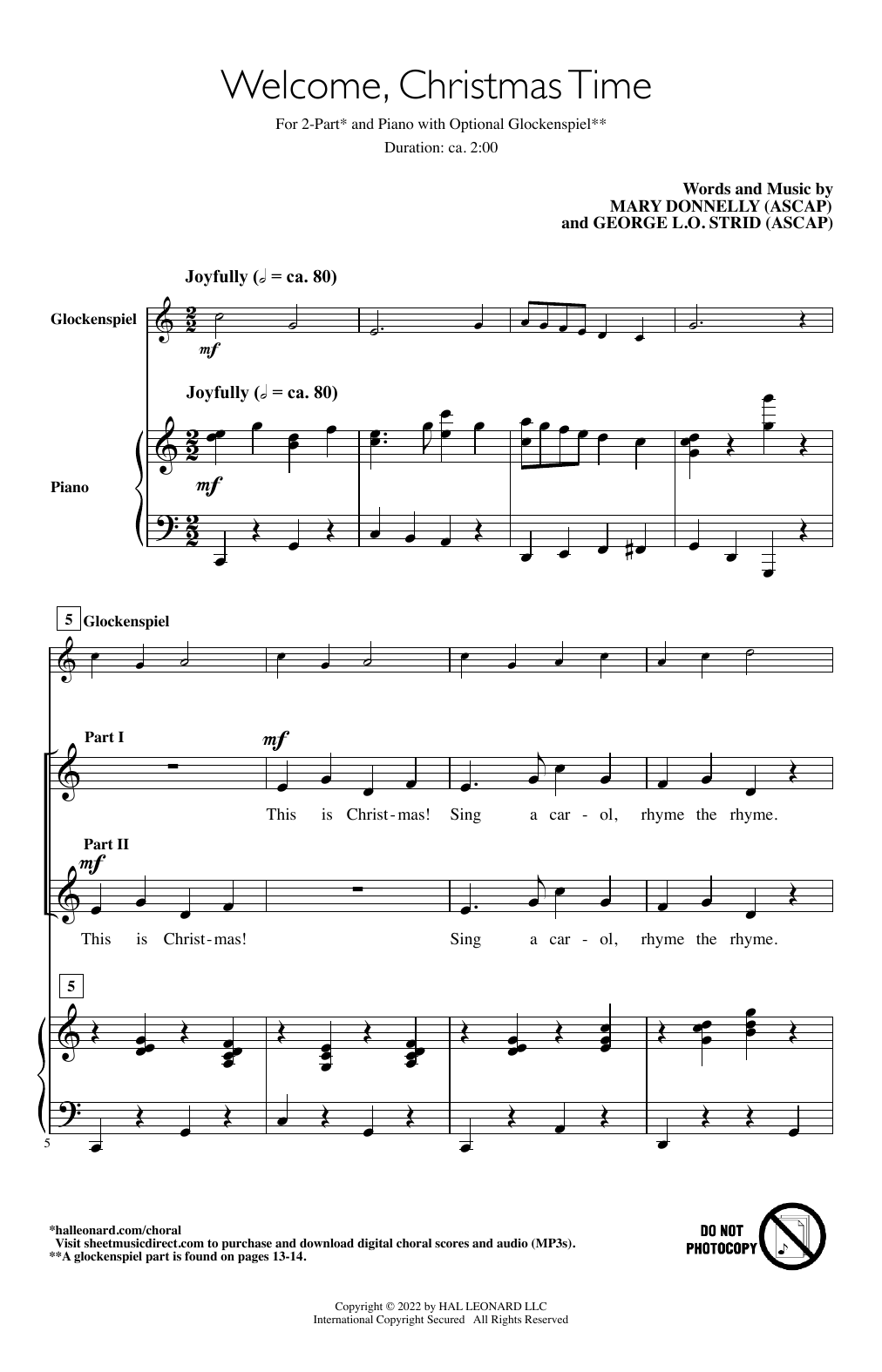 Download Mary Donnelly and George L.O. Strid Welcome, Christmas Time Sheet Music and learn how to play 2-Part Choir PDF digital score in minutes