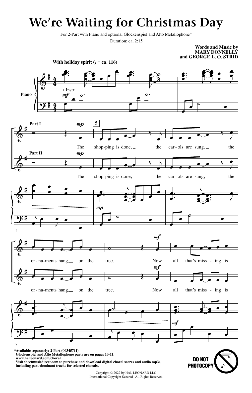 Download Mary Donnelly and George L.O. Strid We're Waiting For Christmas Day Sheet Music and learn how to play 2-Part Choir PDF digital score in minutes