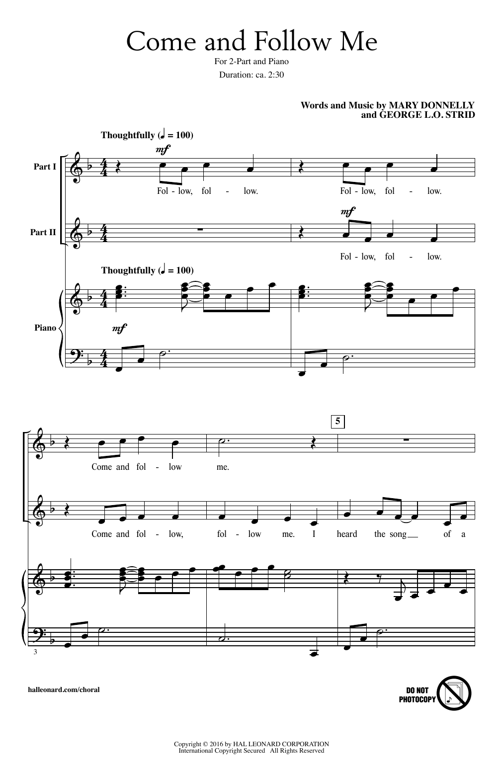 Download Mary Donnelly Come And Follow Me Sheet Music and learn how to play 2-Part Choir PDF digital score in minutes