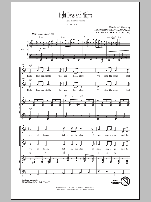 Download Mary Donnelly Eight Days And Nights Sheet Music and learn how to play 2-Part Choir PDF digital score in minutes