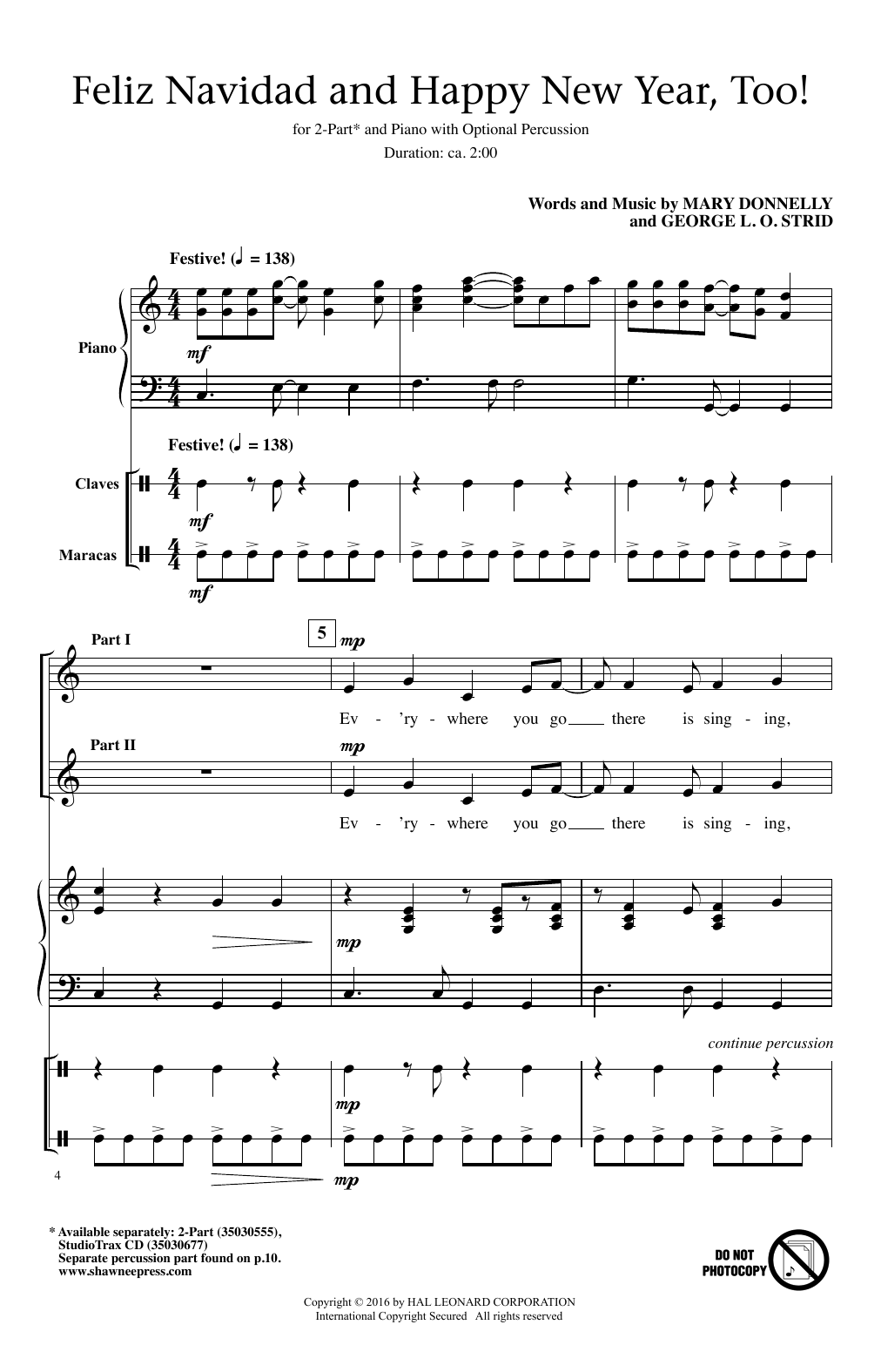 Download Mary Donnelly Feliz Navidad And Happy New Year, Too! Sheet Music and learn how to play 2-Part Choir PDF digital score in minutes