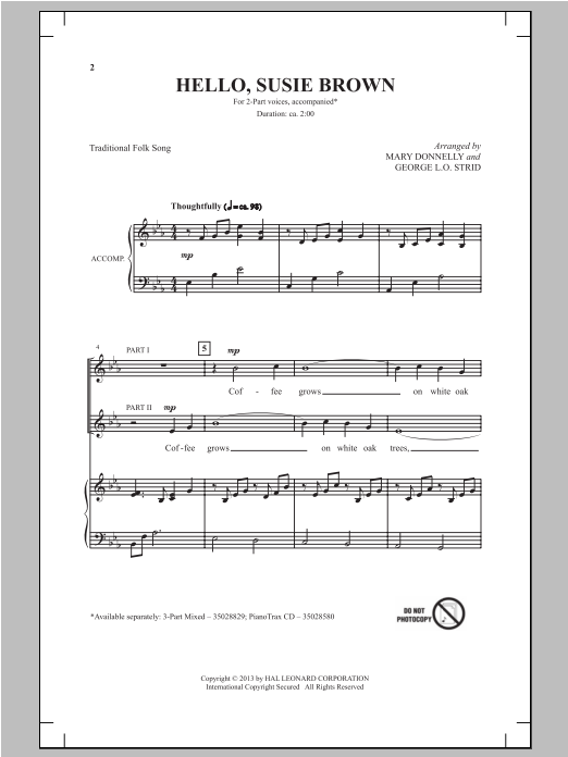 Download Mary Donnelly Hello, Susie Brown Sheet Music and learn how to play 2-Part Choir PDF digital score in minutes