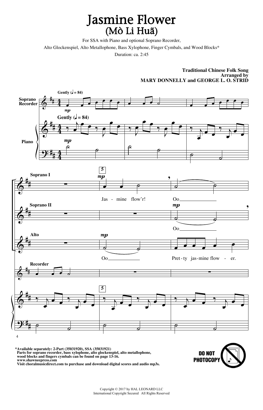 Download Mary Donnelly Jasmine Flower (Mo Li Hua) Sheet Music and learn how to play 2-Part Choir PDF digital score in minutes
