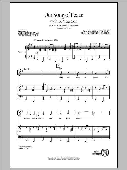 Download George L.O. Strid Our Song of Peace (with Lo Yisa Goi) Sheet Music and learn how to play 3-Part Mixed PDF digital score in minutes