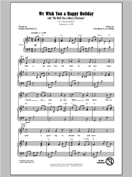 Download George L.O. Strid We Wish You A Happy Holiday Sheet Music and learn how to play 2-Part Choir PDF digital score in minutes