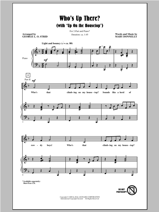 Download Mary Donnelly Who's Up There? (with Up On The Housetop) Sheet Music and learn how to play 2-Part Choir PDF digital score in minutes